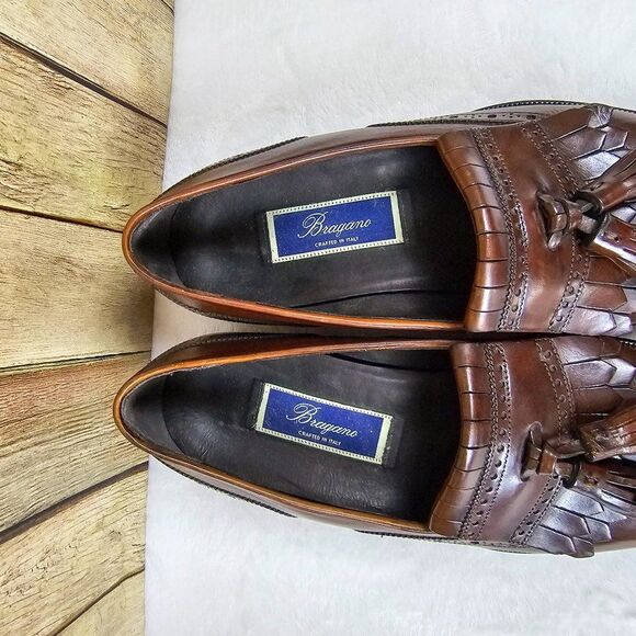 Bragano Tassel Loafers Brown Leather Italy Shoes Dressy Men's Wedding Size 8 - Picture 7 of 10